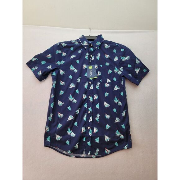NWT Chaps Easy Care Easy Wear Shirt Mens S Blue Nautical Sail Boats S/S Polyeste - Picture 1 of 7
